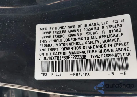 2015 Honda Civic Ex from USA, damaged, VIN 19XFB2F83FE223338